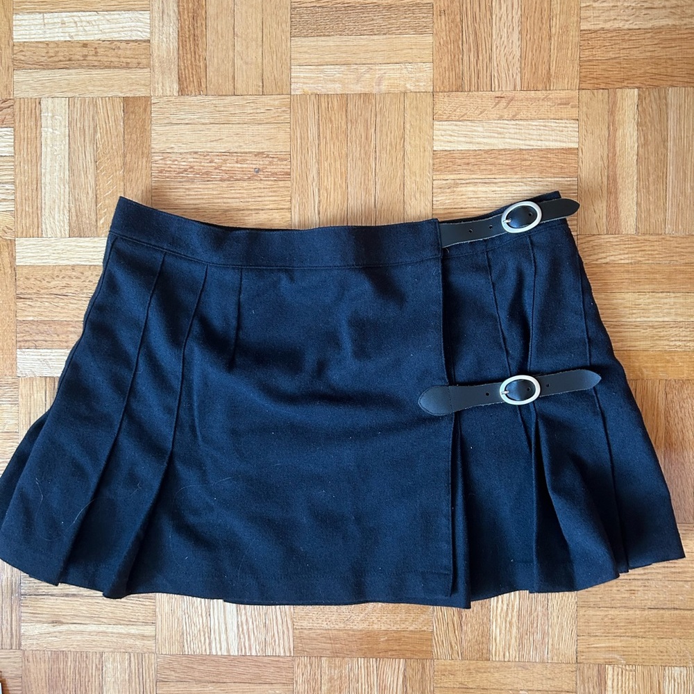 Brandy Melville Black Pleated Mini Skirt with Buckle Detail